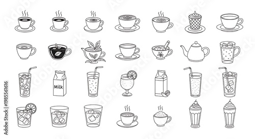 A set of line drawings of various hot and cold beverages on white background