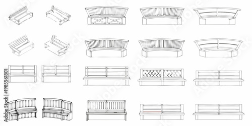 Architectural sketches of various park benches in isometric projection