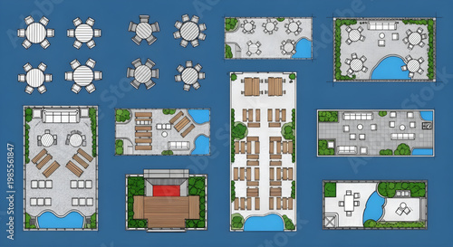 Outdoor Dining and Event Seating Top View Layout Blueprint Icon Set – Multi View AutoCAD Landscape Technical Color Vector on Blue Background