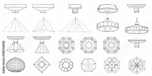Collection of various black and white line drawing lamp and lighting fixtures