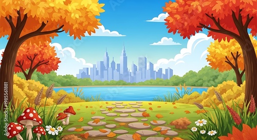 Autumn scene with a city skyline in the background and a stone pathway through a park with trees and mushrooms