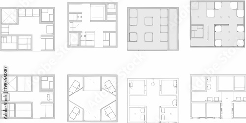 Architectural floor plans displayed in a grid arrangement on a white background