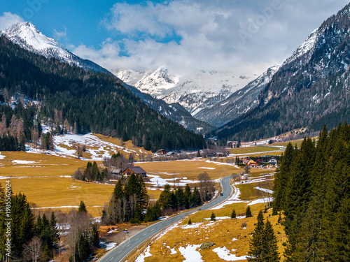 Country Road landscape from Austria Obertauern during Spring, Spring in the Valley Winter on the Mountains