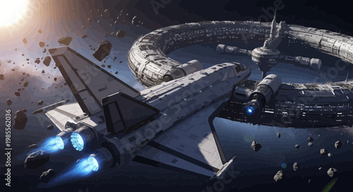 Space shuttle approaching a space station in orbit with asteroid field and light flare stylized illustration with digital outlining