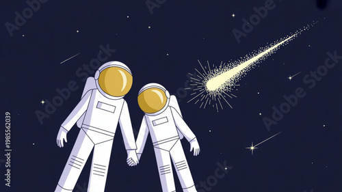 Two astronauts in white space suits looking at a bright meteor streaking across the night sky with stars