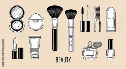 Collection of various beauty and makeup products on a beige background