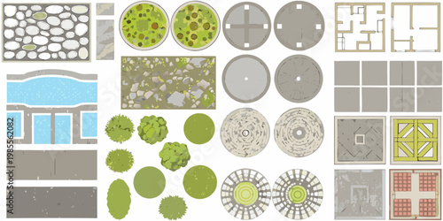 Top down view of various landscape and architectural elements arranged neatly