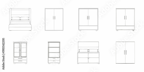 Line art illustration of bedroom furniture including beds and wardrobes