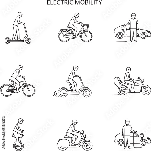vector illustration of diverse people using electric mobility vehicles for sustainable urban transport
