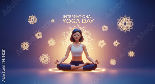 Woman meditating in lotus pose for International Yoga Day serene spiritual practice with glowing mandala and bokeh lights concept for wellness and mindfulness