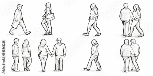 Sketch of diverse people walking and interacting in a public space