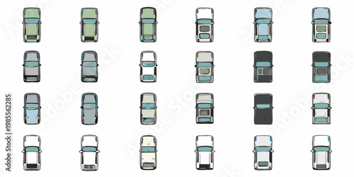 Aerial view of various cars arranged in a grid pattern