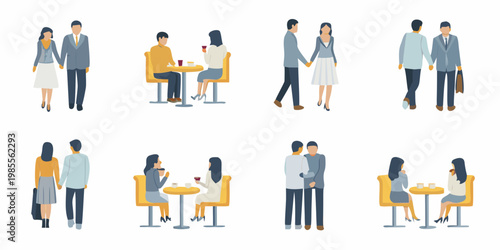 Diverse couples interacting in various social settings illustrated vector design