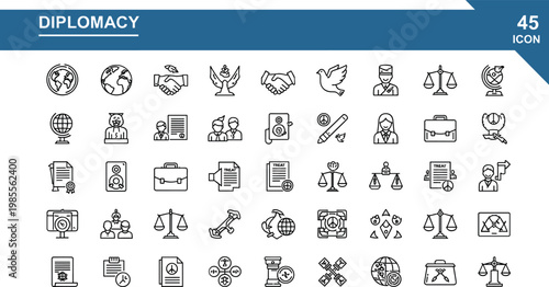 Diplomacy international relations line icons set politics negotiation agreement global cooperation outline vector symbols collection