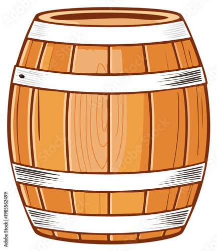 Wooden Barrel Icon Illustration with Bands for Liquid Storage or Aging