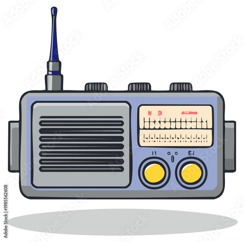 Vintage Portable Radio Receiver with Antenna, Frequency Display, and Knobs for Adjusting Audio, Entertainment concept