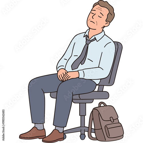 A man sits on an office chair with a backpack beside him looking exhausted.