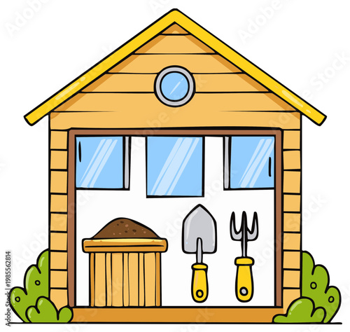 Illustration of a wooden garden shed with tools and soil
