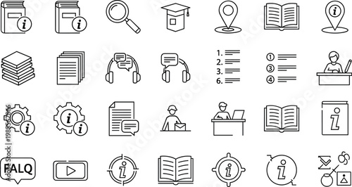 Information help guide line icons set knowledge support documentation assistance outline vector symbols collection