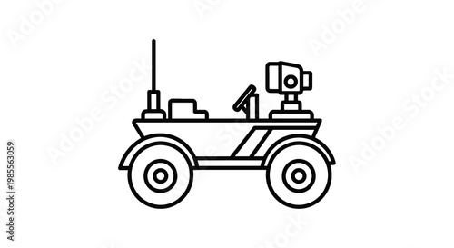 Line art illustration of a rover vehicle with antenna and camera equipment for space exploration and planetary research mission