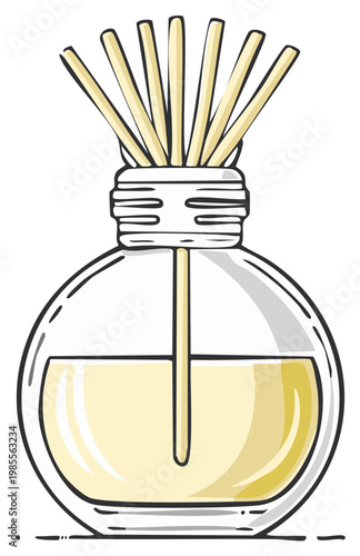Illustration of a Glass Bottle with Fragrance Oil and Reed Diffuser Sticks for Aromatherapy and Home Decor