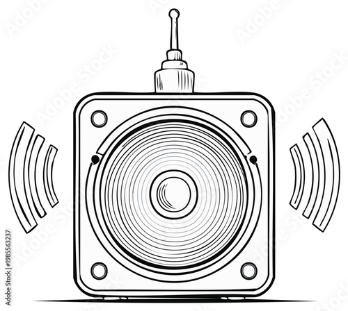 Hand Drawn Illustration of a Square Speaker with Antenna Producing Sound Waves