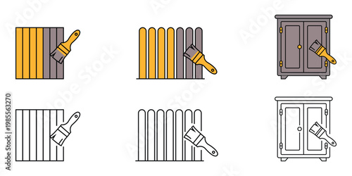 Residential and commercial painting service icon set featuring wooden fence wall and furniture cabinet with paintbrush for home improvement vector illustration.