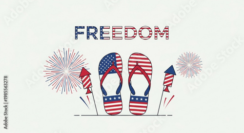 American flag flip flops with fireworks and FREEDOM text celebrating Independence Day and summer holidays vector illustration