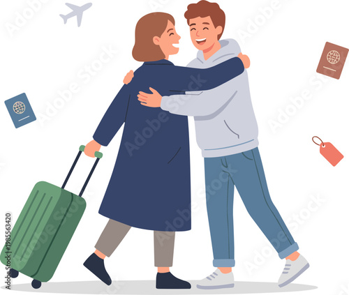 A man and woman hug at the airport with a suitcase and travel documents.