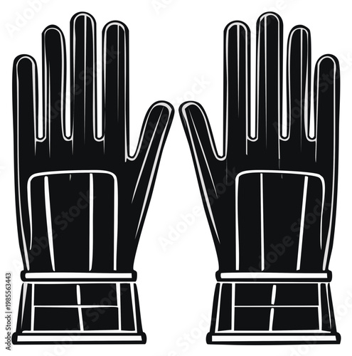 Pair of black leather gloves with white stitching detail, presented front-on with fingers extended