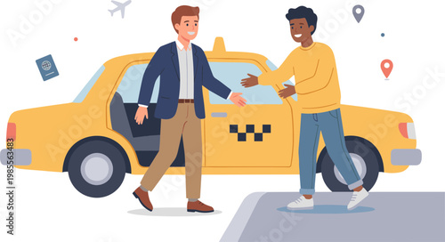 Man getting into a yellow taxi cab from a woman on sidewalk