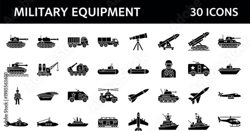 Military equipment line icons set army weapons vehicles defense aviation naval forces outline vector symbols collection
