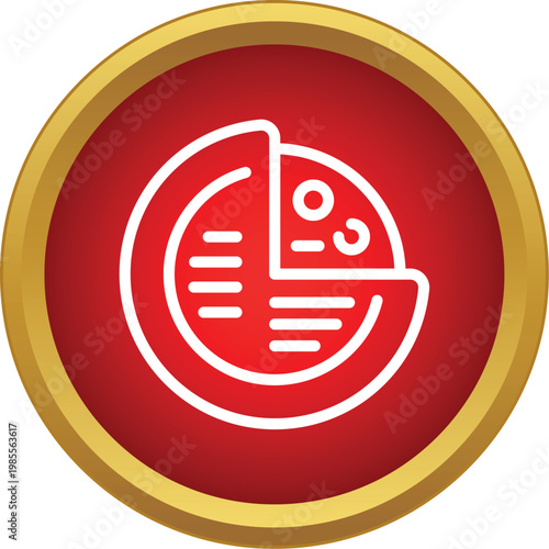Round pizza slice graphic with toppings on a red background