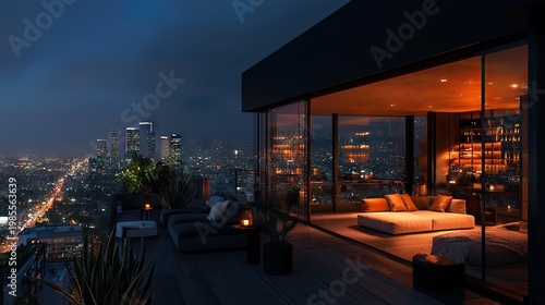 Luxurious penthouse balcony offers stunning nighttime views of a sprawling metropolis below