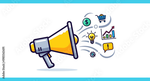 Yellow megaphone emitting marketing promotion icons including shopping cart upward trend graph light bulb and coin on white backdrop