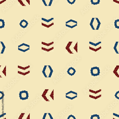 Vibrant geometric seamless pattern design showcases dark blue and red shapes beautifully arranged against a cream backdrop. Ethnic hand made background