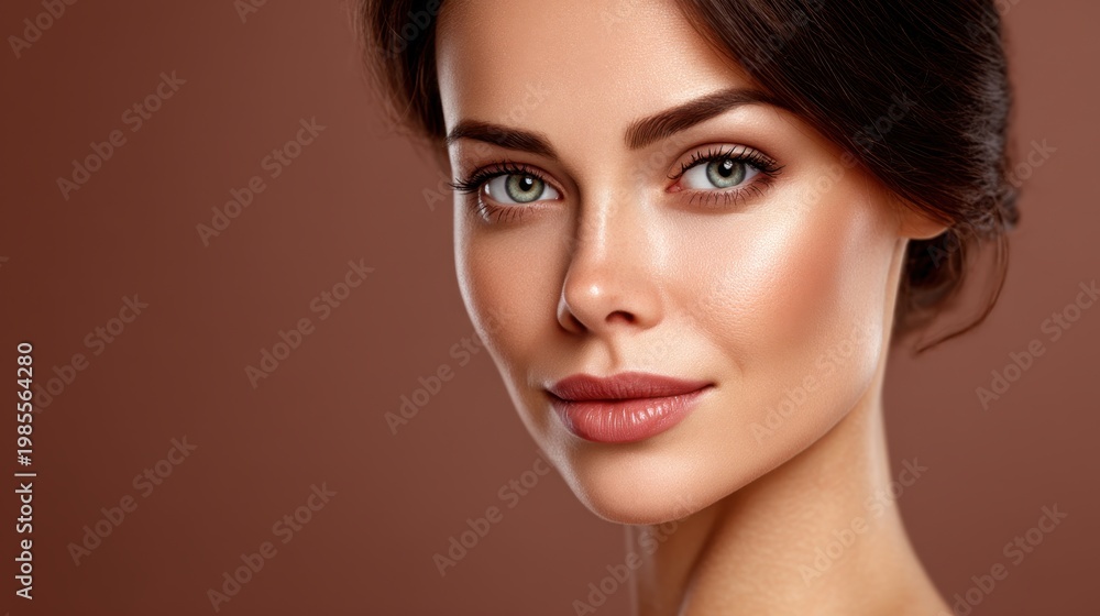 Naklejka premium Close-Up Portrait of a Beautiful Young Woman with Smooth Skin, Captivating Eyes, and Soft Features Set Against a Warm Brown Background