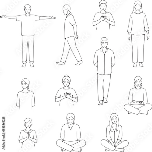 diverse people performing yoga and exercise poses in flat design vector illustration