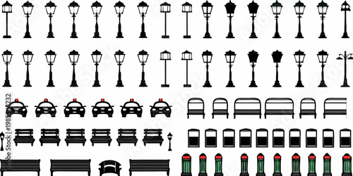 A collection of various street furniture and vintage vehicle icons