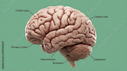 Detailed 3D Human Brain Diagram with Anatomical Labels