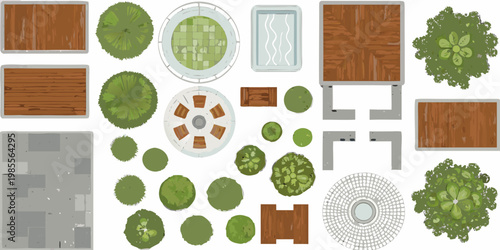 Aerial view of various garden and landscape design elements arranged neatly