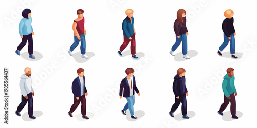 Isometric illustration depicting a diverse group of walking people