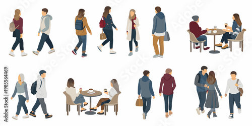 Diverse group of people walking and socializing in a casual urban setting