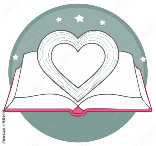 Open Book with Heart Shaped Pages Icon surrounded by Starry Circle