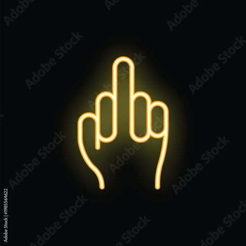 Bright yellow neon middle finger is glowing on a dark background