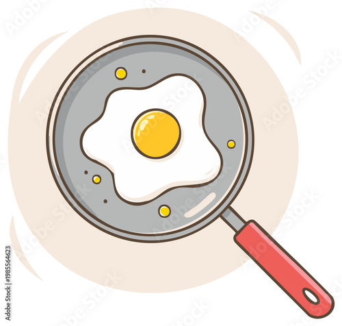 Cartoon Frying Pan with Sunny Side Up Egg Overhead Illustration of Hot Cooking Food for Breakfast Meal Preparation