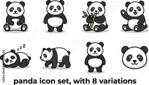 Panda animal icon set featuring 8 variations including sitting, standing, eating bamboo, sleeping, walking, cute pose, and panda head icon. Flat vector illustration with clean lines isolated on white 