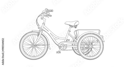 Illustration of classic tricycle with basket for adults; a vintage-style three-wheeled bicycle on white background
