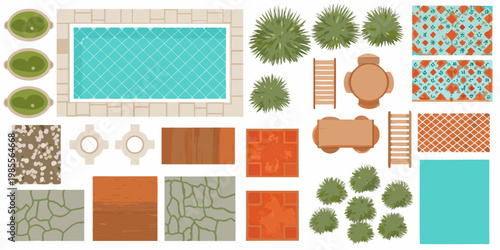 Aerial view of a resort layout with pool gardens and furniture