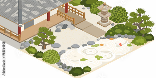 A serene japanese garden with a stone pagoda and raked gravel